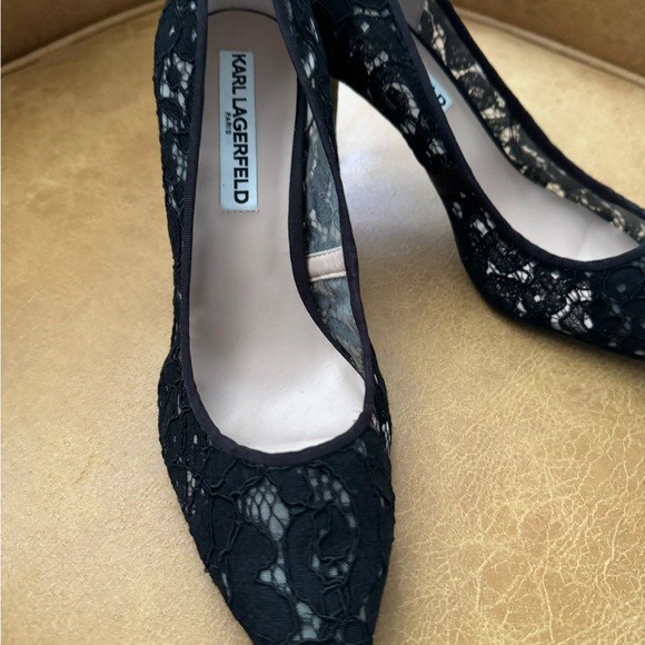 Karl Lagerfeld Womens Lace Pointed Toe High Heels Pumps Black - Picture 2 of 6
